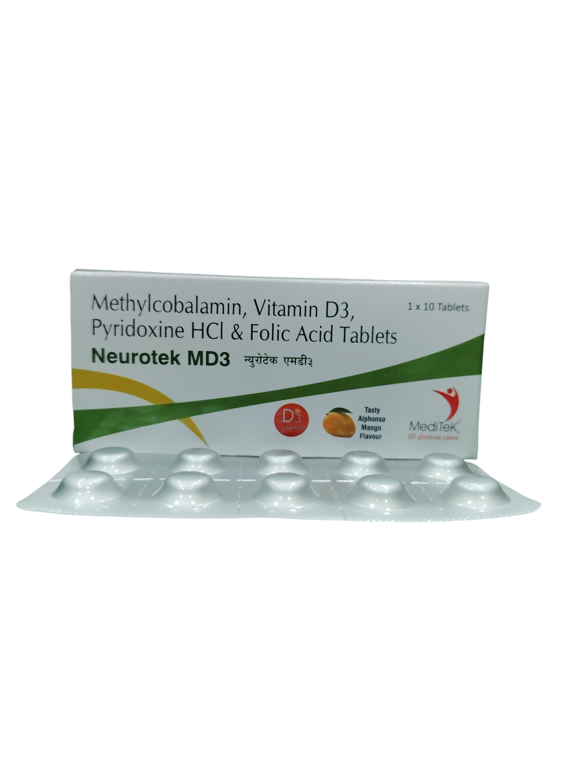 Neurotek MD3 - Methylcobalamin, Vitamin D3, Pyridoxine HCl & Folic Acid Tablets - 1 x 10 Tablets Pack