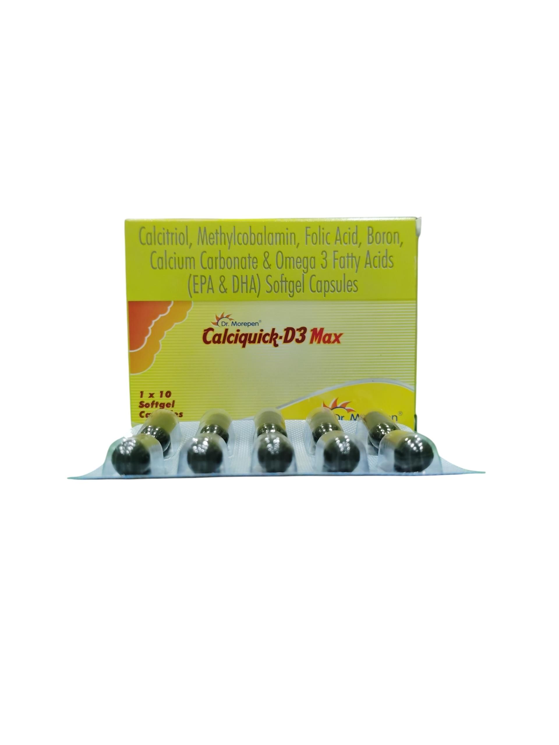 Calciquick-D3 Max – Calcitriol, Methylcobalamin, Folic Acid, Boron, Calcium Carbonate & Omega 3 Fatty Acids (EPA & DHA) Softgel Capsules -1 x 10 Capsules