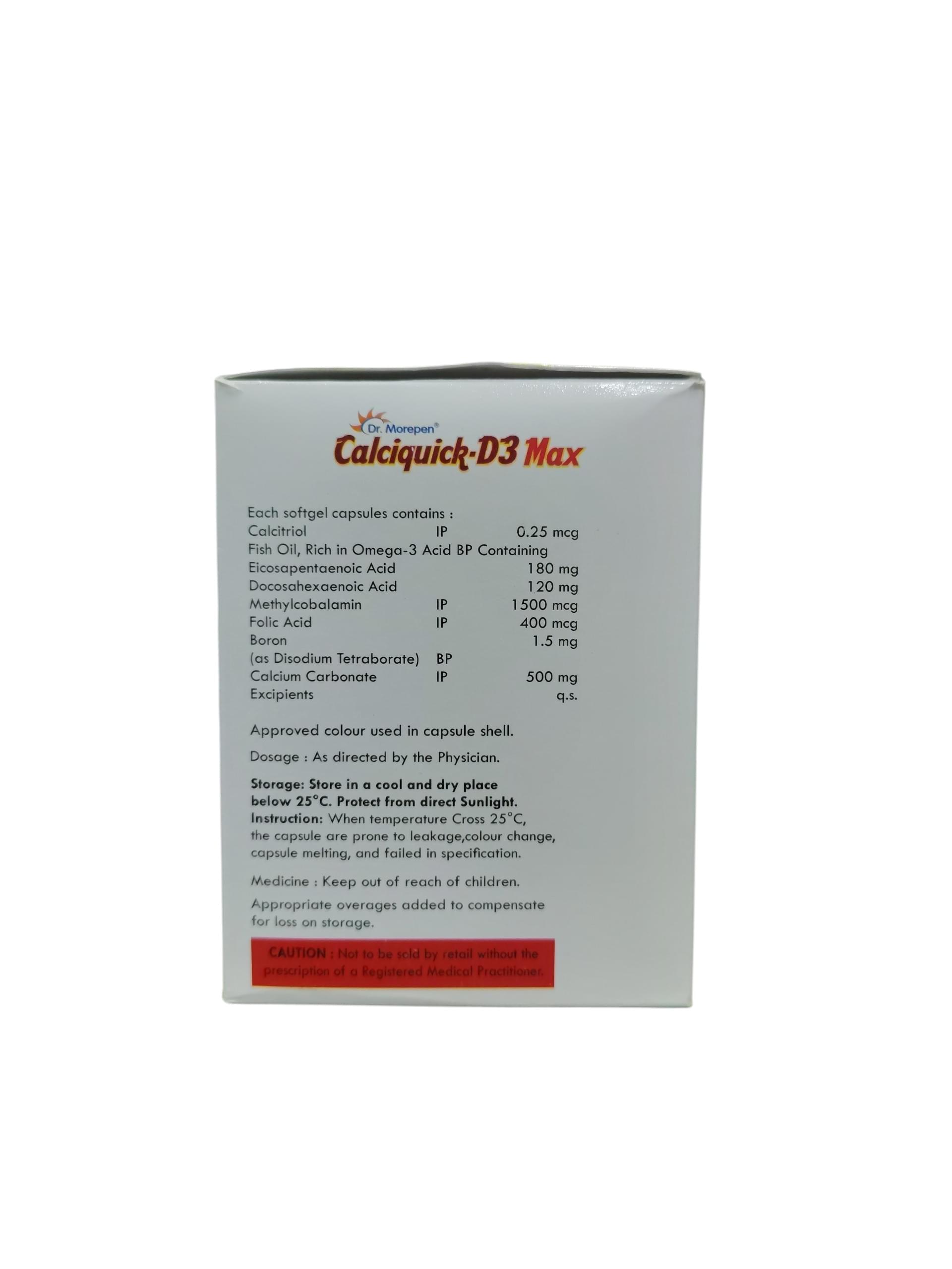 Calciquick-D3 Max – Calcitriol, Methylcobalamin, Folic Acid, Boron, Calcium Carbonate & Omega 3 Fatty Acids (EPA & DHA) Softgel Capsules -1 x 10 Capsules - Image 2