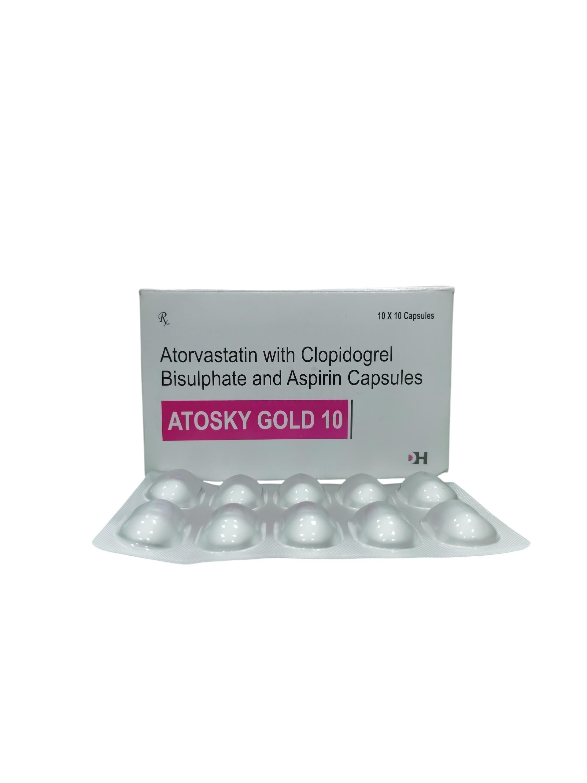Atosky Gold 10 - Atorvastatin with Clopidogrel Bisulphate and Aspirin Capsules - 1 x 10 Capsules